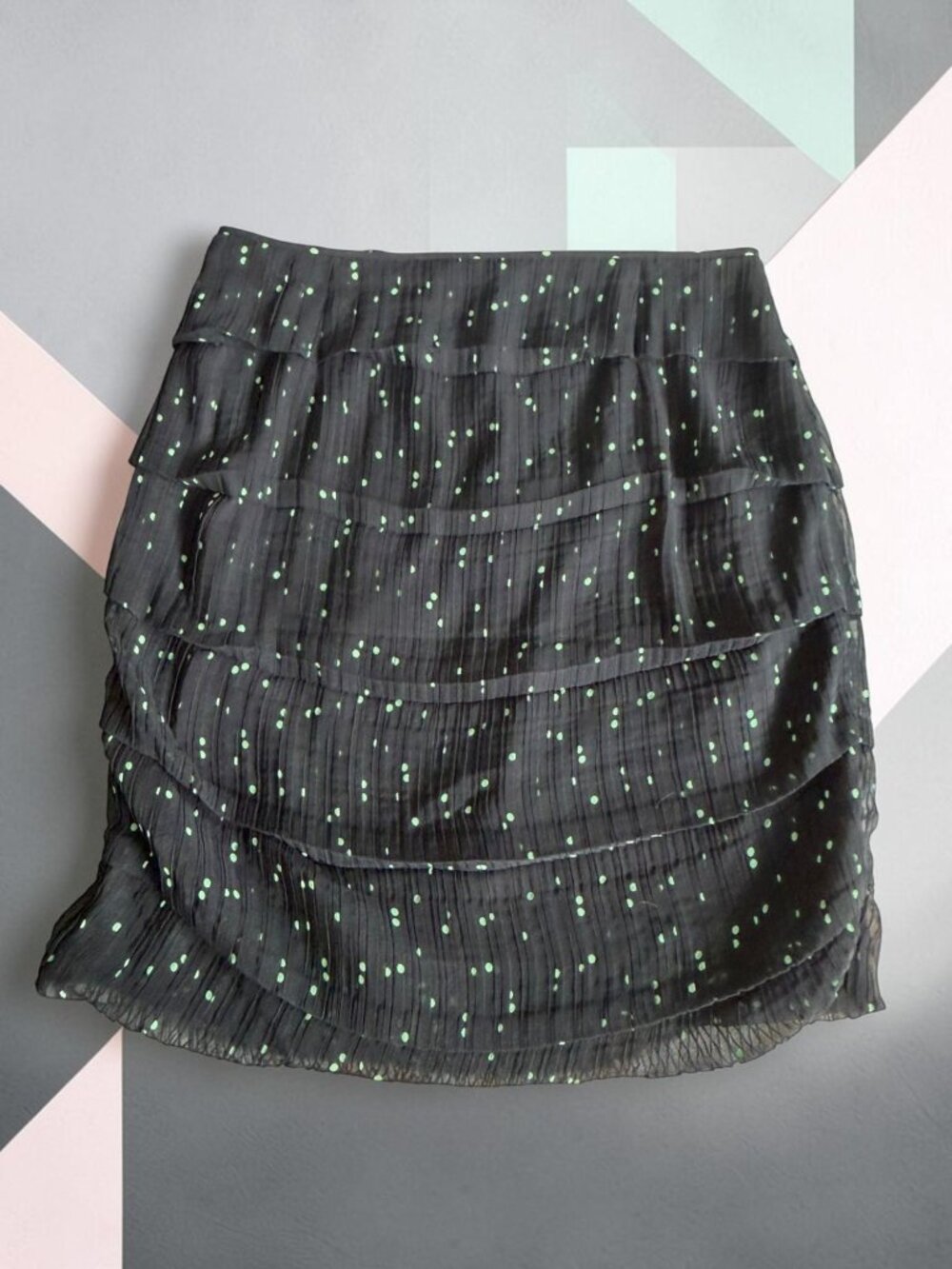KAY UNGER Black Green Patterned Tiered Skirt Size 16